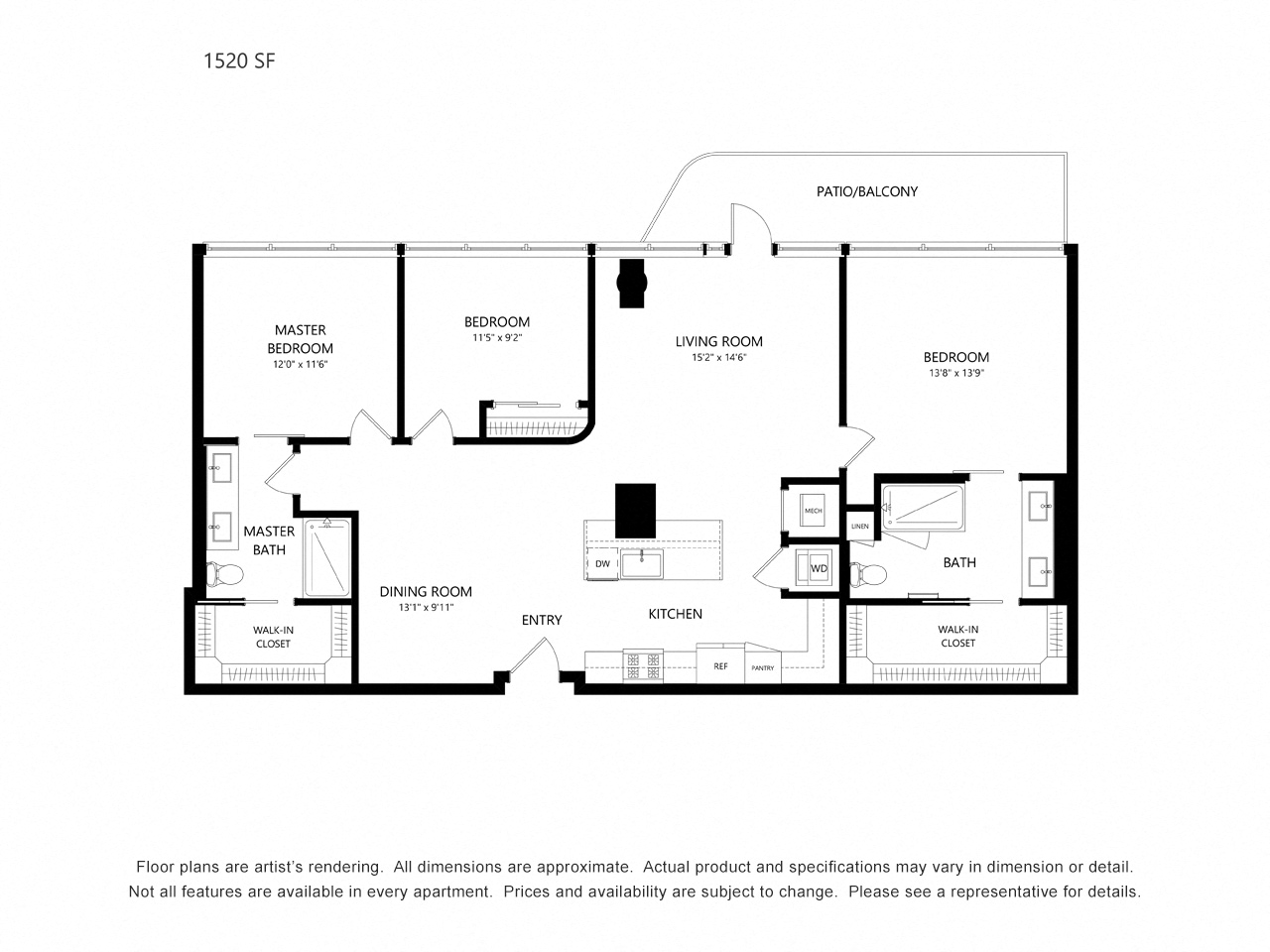 Floor plan for 3 beds, 2 baths, 1520 sqft